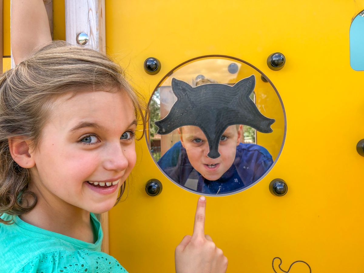 Children playing with a fox play panel at Karoo Reserve Playground